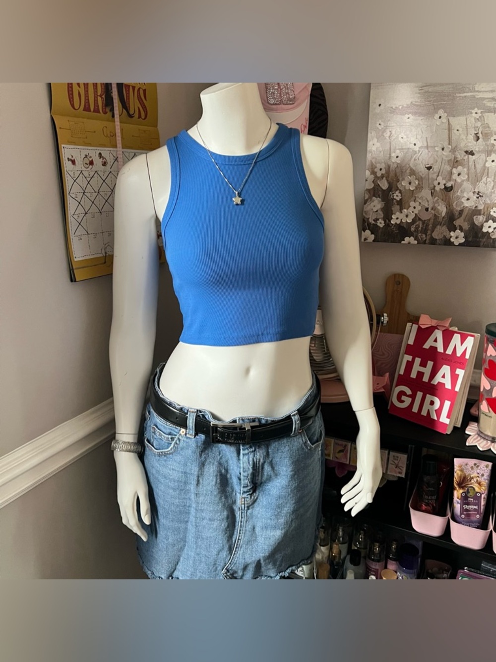 Blue Ribbed Tank Crop Top - Picture 4 of 5